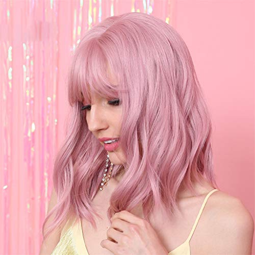 Flameer 12 Polegadas Mulheres Olhando Natural Ondulado Peruca Rosa Anime Cosplay Perucas
