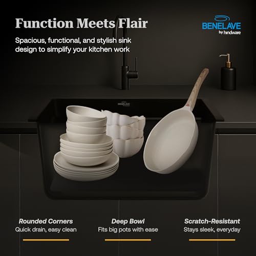 Image of Benelave by Hindware BLACP91008 Quartz Sink 18x16x8 for Kitchen | Single Bowl | Black Color | Better Sound Absorption for Quieter Use | 7-year Manufacturer Warranty
