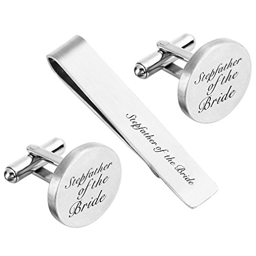 ZUNON Stepfather of The Bride Cufflinks Engraved Text Personalized Wedding Stepfather Stepdad Tie Clip Tack (Stepfather of The Groom Cufflinks and tie Clip)