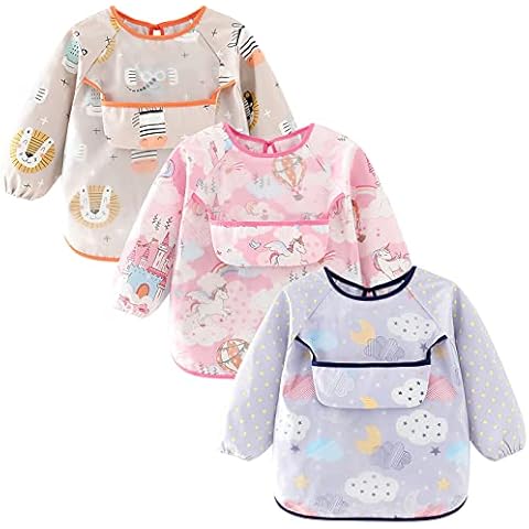 COCHIE 3 Pieces Baby Bibs with Sleeves for Weaning Waterproof Feeding Bibs Animal Printed Dribble Apron Bibs for Infant Toddler 6 Months to 2 Years Old Pink Cover