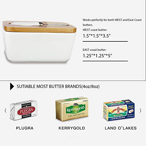 Butter Dish, OAMCEG Porcelain Ceramic Butter Container, Large Butter Keeper with Wooden Lid and Steel Knife, Airtight Butter Storage Container with Cover Holds Up to 2 Sticks of Butter