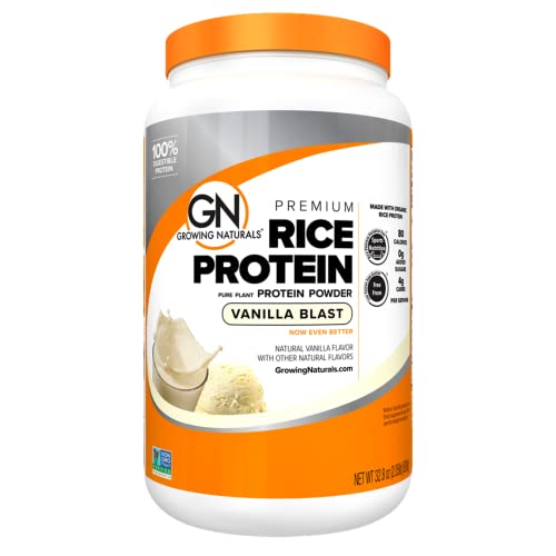 Growing Naturals | Organic Premium Plant Protein, Pure Rice Protein Powder | Vanilla Blast | Non-GMO, Vegan, Gluten-Free, Keto Friendly, Shelf-Stable | 2LB