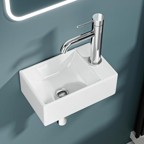 DILECI – Mini Lave-Mains Ultra Compact Sortie Droite 30x19x11 cm – Vasque en Céramique Blanche Brillante – Idéal pour Toilettes, WC et Très Petits...