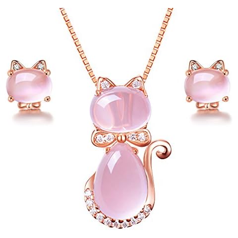 Uloveido Cute Cat Shape Light Pink Crystal Jewelry Set for Women, Studs Earrings and Pendant Necklace for Her Y404 Cover
