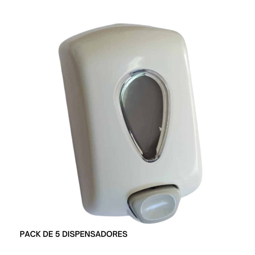 Dosificador de Gel Hidroalcohólico (Pack de 5 Unidades) - Dispensador de Jabón de Manos con Pulsador - Recipiente de Plástico Rellenable con Visor - Capacidad de 900 ml