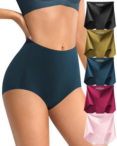 ASIMOON High Waisted Underwear for Women Seamless No Show Ladies Underwear Panties Breathable Full Coverage Briefs Pack L