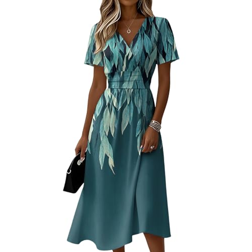 Womens Wrap Dress Casual Short Sleeve Summer Dress V Neck Midi Dress with Pockets - 0C Turquoise,Medium