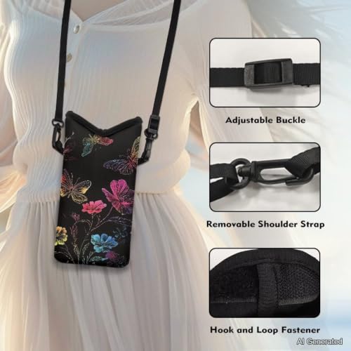 Image of Women Men Small Crossbody Phone Bag Cellphone Pouch with Adjustable Shoulder Strap Neoprene Waterproof Mini Satchel Pouch for Travel, Walking, Beach, Floral Butterfly Black