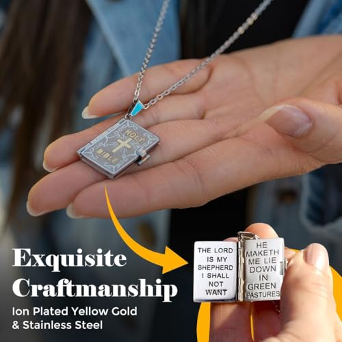 SHOP LC DELIVERING JOY Cross Necklace for Women - Openable Holy Bible Pendant Metal Pages - Bible Necklace for Women Stainless Steel Religious Jewelry Birthday Christian Gifts for Womens 24"2