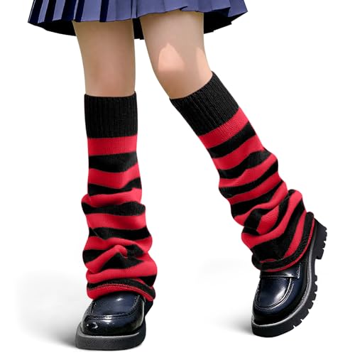 Geyoga Calentadores de Piernas para Mujer Mangas de Punto Y2K Kawaii Lolita para Fiesta Halloween(A Rayas Rojas y Negras)