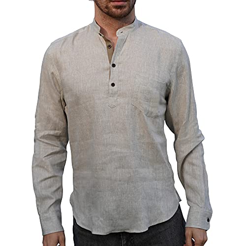 Chemise lin irlandais manches longues Grandad Henley homme couleur oatmeal taille XL Borges & Scott