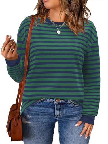 Womens-Plus-Size-Sweatshirts Trendy Striped Color Block Tops Casual Long Sleeve Shirts Cute Oversized Crewneck Tunics