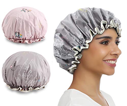 2 PACK Shower Caps Reusable Bath Cap Hair Cover Hats Shower Bonnet Waterproof Bath Accessories for Women and Girls (Letter pink&grey)