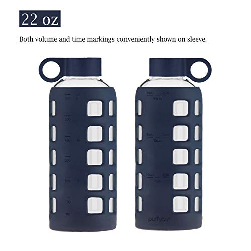 purifyou Premium Glass Water Bottle w/Time and Volume Markings Plus Ultra-Soft Silicone Sleeve & Stainless Steel Lid Insert 32/22 / 12 oz (Midnight Blue, 32 oz) - Thumbnail 4