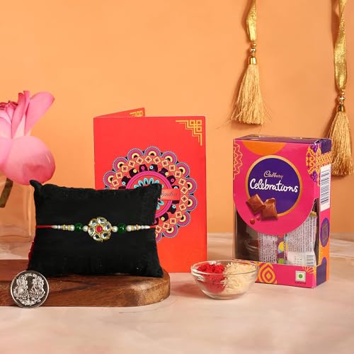 Image of Frostick Designer Rakhi With Chocolate Gift For Bhaiya /Bhai /Brother With Greeting Card, Tilak Chawal And Silver Coin (Small Cadbury Celebration, Pack Of 1) (Random Design Rakhi, 130 Gm)