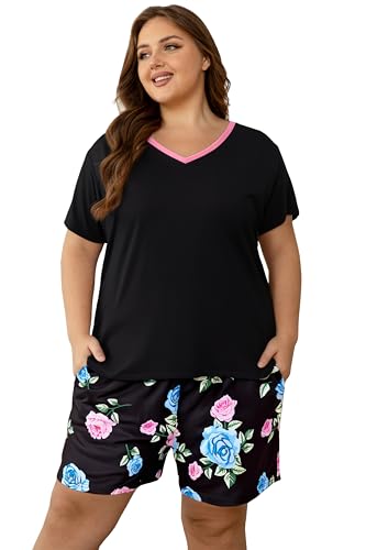 Image of Vozanet Women's Short Sleeve Top and Shorts Pajama Sets Plus Size V Neck Colorful Flower Nighty Loungewear With TWO Pockets