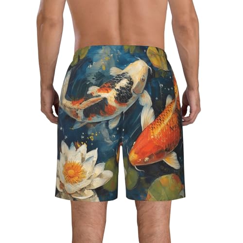 Men's Quick Dry Swim Shorts Fish Lotus Flowers Oil Painting Asian Style Beach Trunks with Pockets2