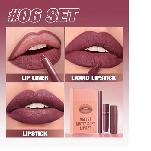 Image of Matte Lip Liner Lip Stick Lip Oil Set, Lip Makeup Set Natural Smooth Long-Lasting And Hydrating Beauty Daily Cosmetics Gift for Girls Easy-to-Use(#06)