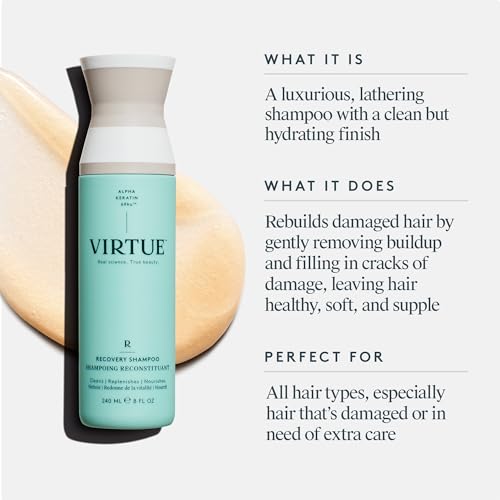VIRTUE Recovery Sulfate Free Shampoo with Keratin and Baobab Seed Oil for Damaged Hair, Color Safe
