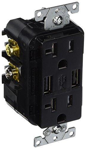Leviton T5832-E 20-Amp USB Charger/Tamper Resistant Duplex Receptacle, Black, 1-Pack