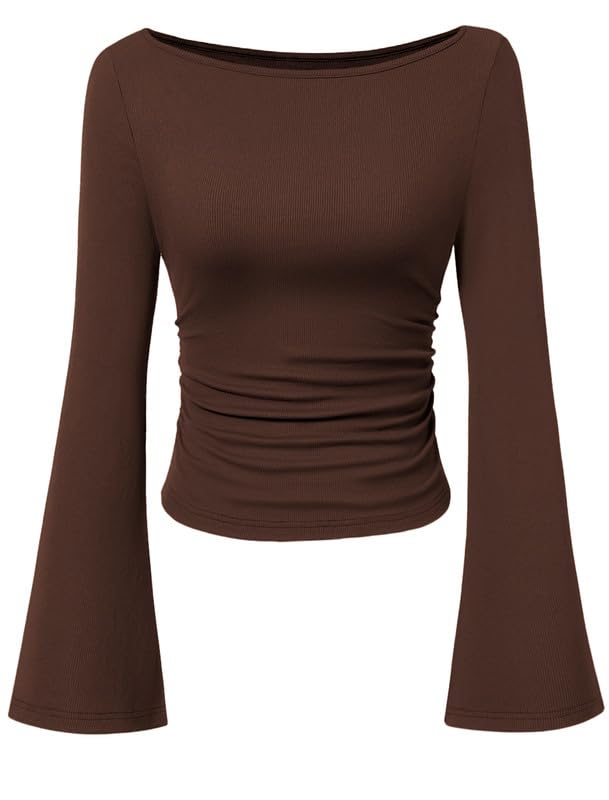 Sukiglam Langarmshirt Damen Elegant Bootsausschnitt Strickoberteile mit Glockenärmeln Eng Y2K Top Basic Casual Pullover Slim Fit Longsleeve T Shirt Einfarbig Langarm Unterziehshirts Herbst Oberteile