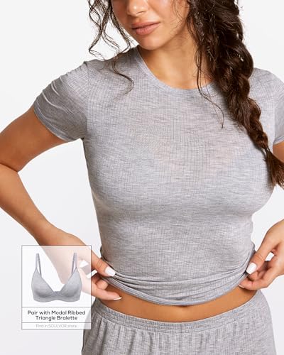 Natrelax Short Sleeve Going Out Tops for Women Modal Ribbed T Shirt Crewneck Summer Basic Slim Fit Sleep Tee4