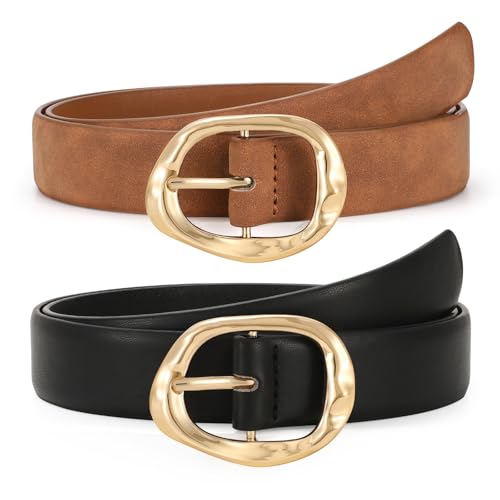 Image of TRIWORKS 2 Pack Leather Belts for Women Fashion Waist Belt with Liquid Shapes Women Belt for Jeans Pants Dresses