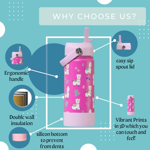 Image of TOM & BELL Insulated Water Bottle for Kids 500ml,Double Wall Water Bottle for School, Sipper Bottle,Hot and Cold, Premium 304 Stainless Steel (Alpaca, 500ml)