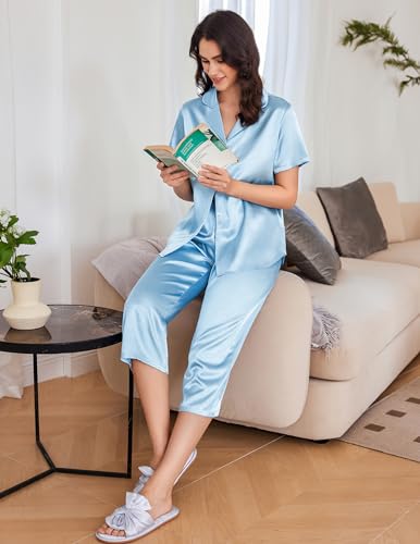 Image of Ekouaer Womens Satin Silky Capri Pajamas Short Sleeve Button Down Sleepwear