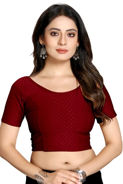 BADGER WINS Cotton Lycra Stretchable Comfy Round Neck Half Sleeves Saree Blouse Crop Top Choli for Girls & Womens (Maroon, 38)