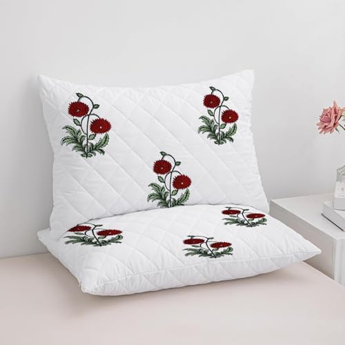Image of LINENWALAS Block Printed Cotton Quilted Pillow Cover - Set of 4 | Ultra-Soft, Cooling & Breathable | Skin & Hair Friendly|Zipper Closure |Sweat-Absorbent & Hypoallergenic (20x36 Inches, Ruby Flora)