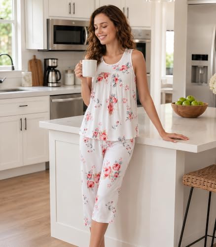 Image of NACHILA Pajamas for Women-Viscose Made from Bamboo, Sleeveless Pjs Tank Top Capri Pants Pajama Sets Cooling Sleepwear