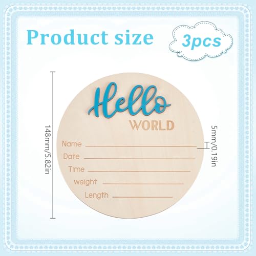 Image of 3Pcs Newborn Announcement Sign 5.9Inches Round Wooden Hello World Newborn Name Board Birth Stat Plaque Photo Prop Gifts Blue for Hospital Home Nursery Shower