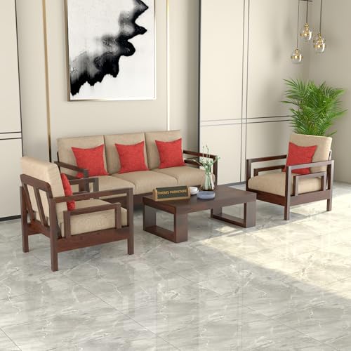 Image of Solid Sheesham Wood 5 Seater Sofa for Living Room | (3+1+1) Five Person Sofa - Stylish & Durable 5 Seater Sofa for Office & Home Furniture (Jake Walnut, 5 Seater)