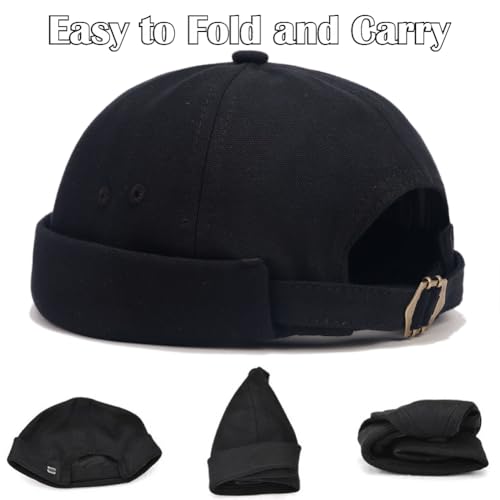 Image of Brimless Hats for Men Brimless Caps, Rolled Cuff Retro Docker Hat for Womens with Adjustable Beanie Hat