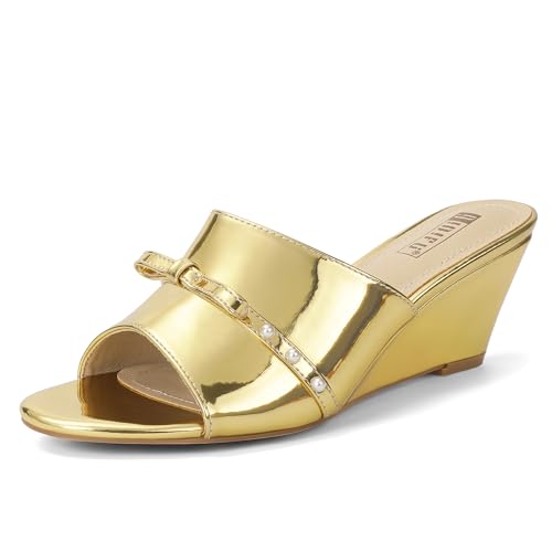 IDIFU Women's Gold Wedge Sandals Bow Pearl Low Heels Open Toe Slip On Slide Dress Sandals for Women Ladies Comfy Dressy Cute Trendy Summer Party Wedges Heels Sandals(Gold Patent, 8)