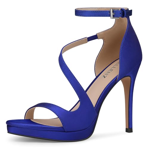 CELLENZ Stiletto Women High Heels: Platform Heel for Women Dressy - Satin Royal Blue Heels Prom Comfortable - Strappy Heeled Sandals Size 8