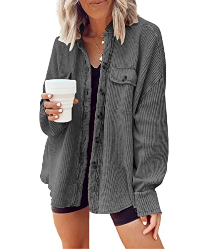 Image of ebossy Womens Long Batwing Sleeve Splicing Cardigan Lightweight Waffle Textured Boyfriend Shirt Jacket Shacket