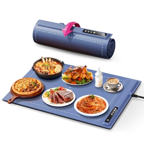 Food Warming Mat - Fast & Full Surface Heating, Silicone Warming Mat for Food with Adjustable Temperature, Warming Trays for Buffets Party, Portable Food Warmer for Countertop (Blue)