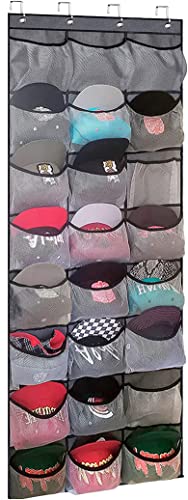 MISSLO Lot de 24 poches élastiques pour porte - Pour armoire murale - Grand support de casquettes de baseball - Avec crochets - Organiseur de chaussures - En maille - Gris Cover