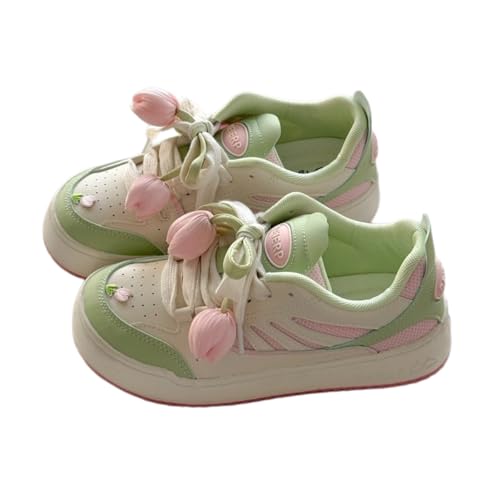 Women's Kawaii Cute Aesthetic Pink Green Versatile Comfortable Chunky Sneakers Casual Walking Sport Shoes 3D Tulip