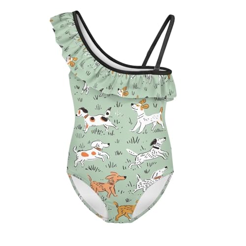 UNICEU Girls Puppy Print One Piece Swimsuit One-Shoulder Ruffles Bathing Suit Quick Drying Sleeveless Swimwear for Pool