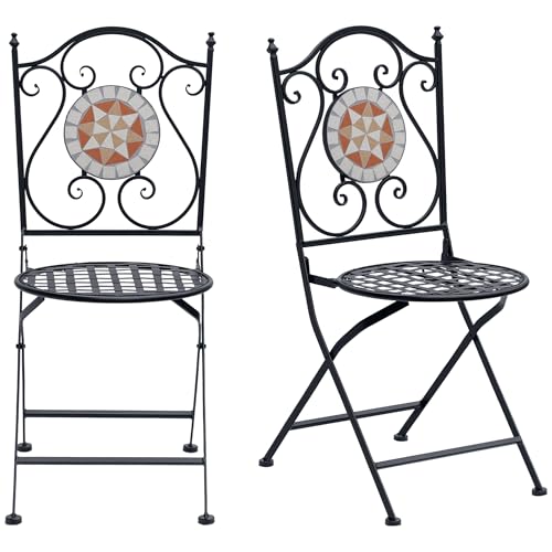 Outsunny Set de 2 Sillas Plegables de Jardín Bistro Silla Asiento Mosaico para Terraza Balcón Metal Carga 120 kg 50x40x94,5 cm Negro