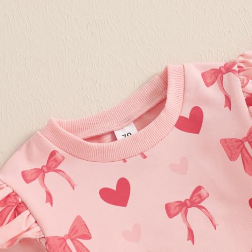 Toddler Baby Girl Valentines Outfit Bow Heart Print Long Sleeve Crewneck Ruffle Sweatshirt Pant 2Pcs Set4