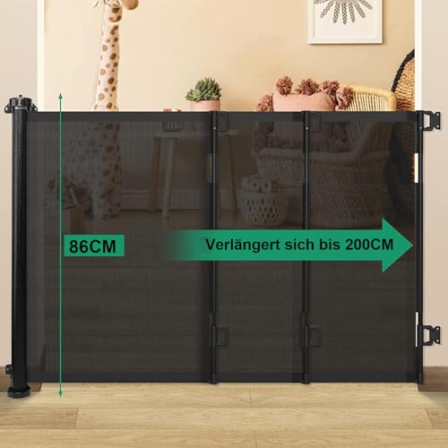 Treppenschutzgitter Türschutzgitter Ausziehbar 0-200cm,Baby Absperrgitter Schutzgitter Treppe für Kinder,Katzen und Hunde,Geeignet für Innen Außenbereich (200cm/schwarz)