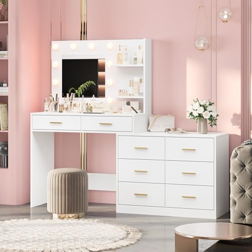 61" Make Up Vanity Desk with Mirror and Lights, White Vanity with 8 Wide Storage Drawers & 2 Tier Shelves, 3 Lighting Modes with Adjustable Brightness for Bedroom