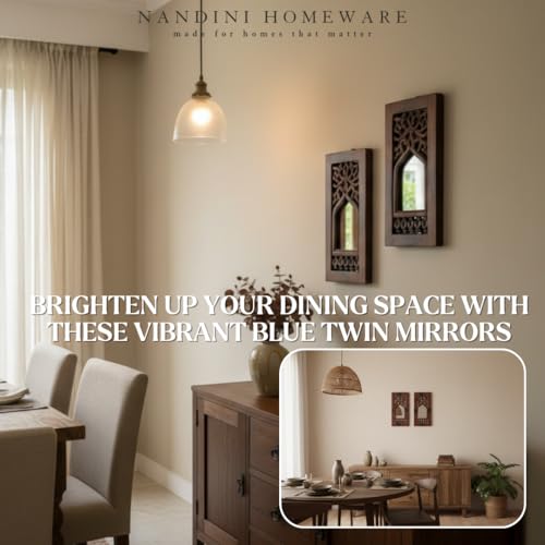 Image of Handcrafted Traditional MDF Wooden Floral Mirror Jharokha Wall Art | Boho Vintage Style Decorative Wall Hanging Set of 2 | for Living Room & Home Interiors (Brown Floral Set of 2)