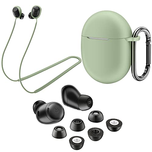 AHBTEYM Memory Foam Ear Tips for Pixel Buds Pro Silicone Case Cover with Keychain Anti-Lost Strap Foam Tips for Pixel Buds Pro 3 Pairs S/M/L(Lemongrass Case+Lemongrass Strap+Black Eartips)