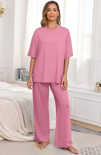 Image of PrinStory Womens Pajamas Sets 2 Piece Lounge Set Short Sleeve Tops and Long Pants Soft Pjs Loungewear with Pockets