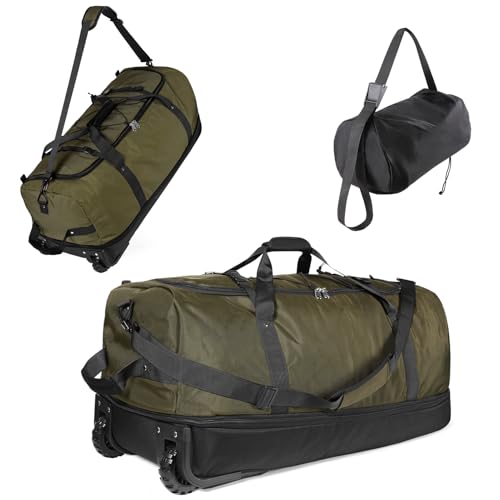 Vomgomfom 32“ Soft-Sided Zusammenklappbar Reisetasche auf Rädern, 110L erweiterbar 140L Rollende Sporttasche mit Passender Aufbewahrungstasche, Armeegrün